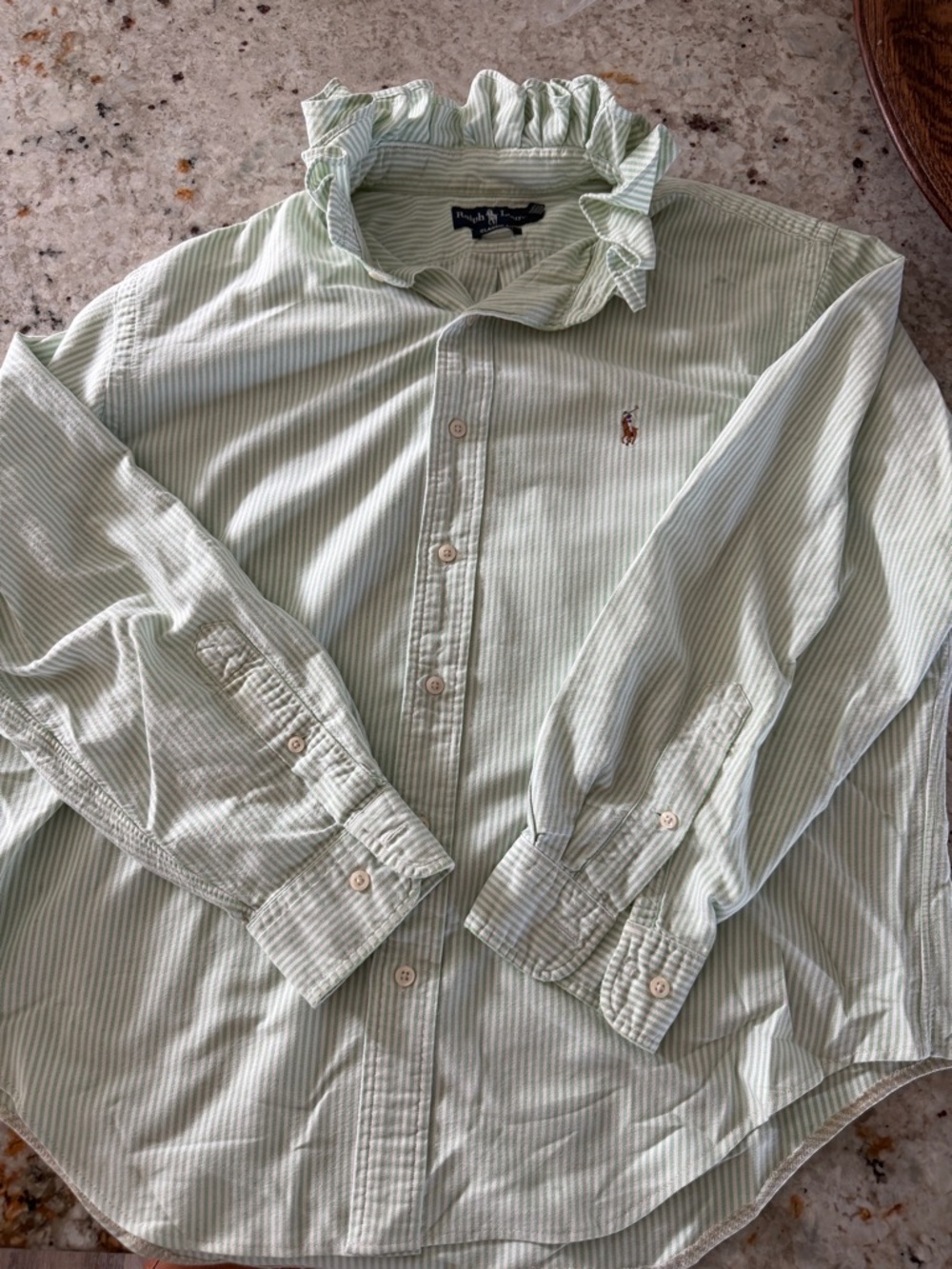 Ralph Lauren Mint Green and White Striped Ruffle-Collar Button-Up Blouse